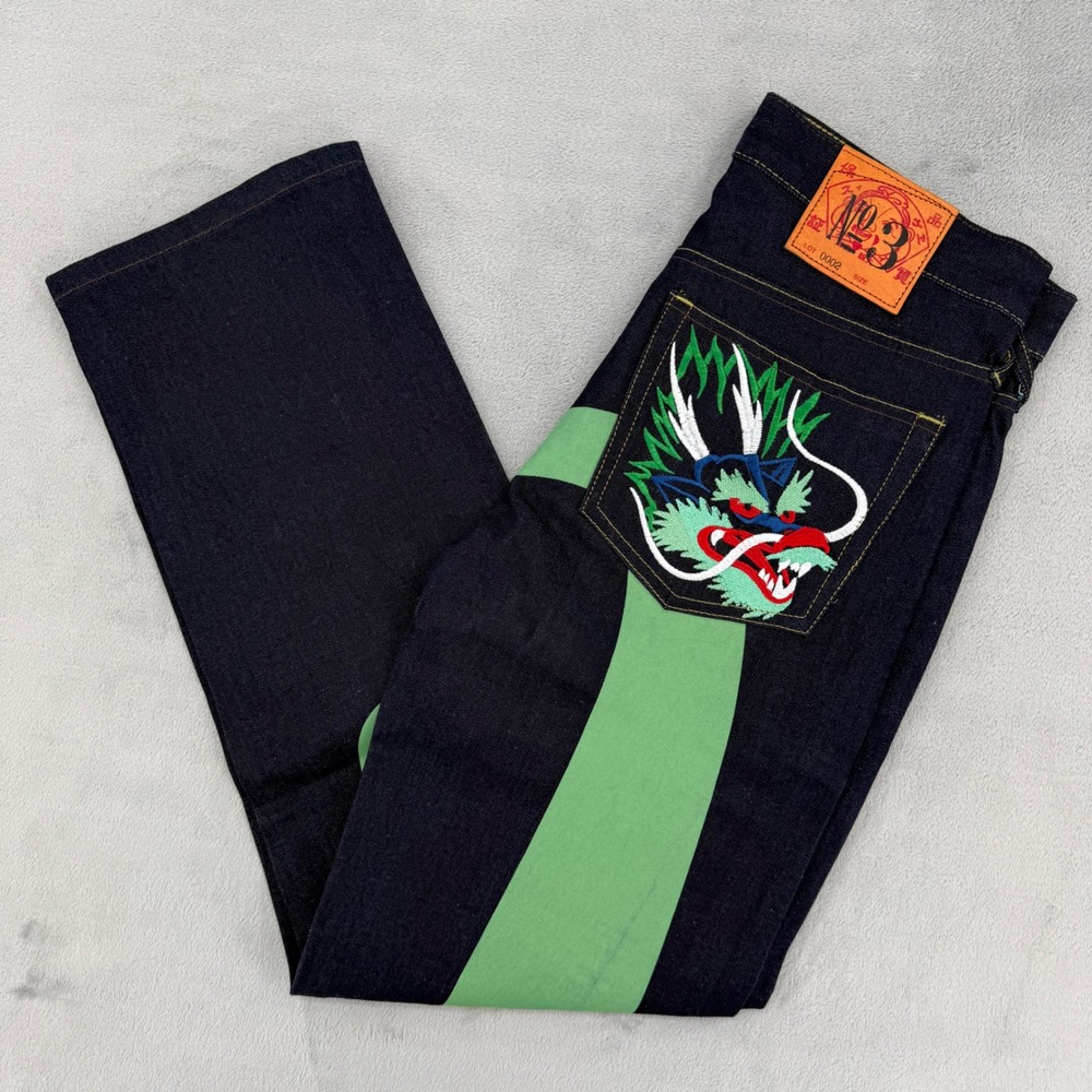 Evisu Lot 0002 No 3 Japanese Jeans Mens 30 Indigo Raw Denim Green Stripe Dragon